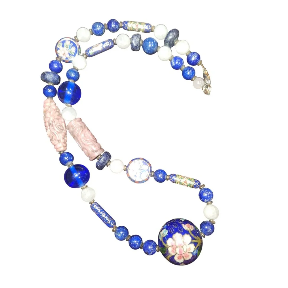 Vintage Chinese Export Lapis‎ Lazuli Pink stone Cloisonne Enamel Bead Necklace